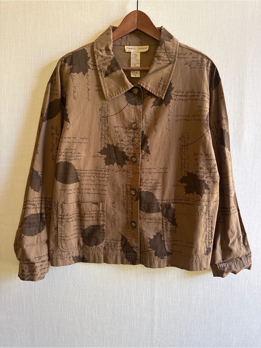 Vintage Sweet Jessie Script Maple Leaf Print Button Down Top S